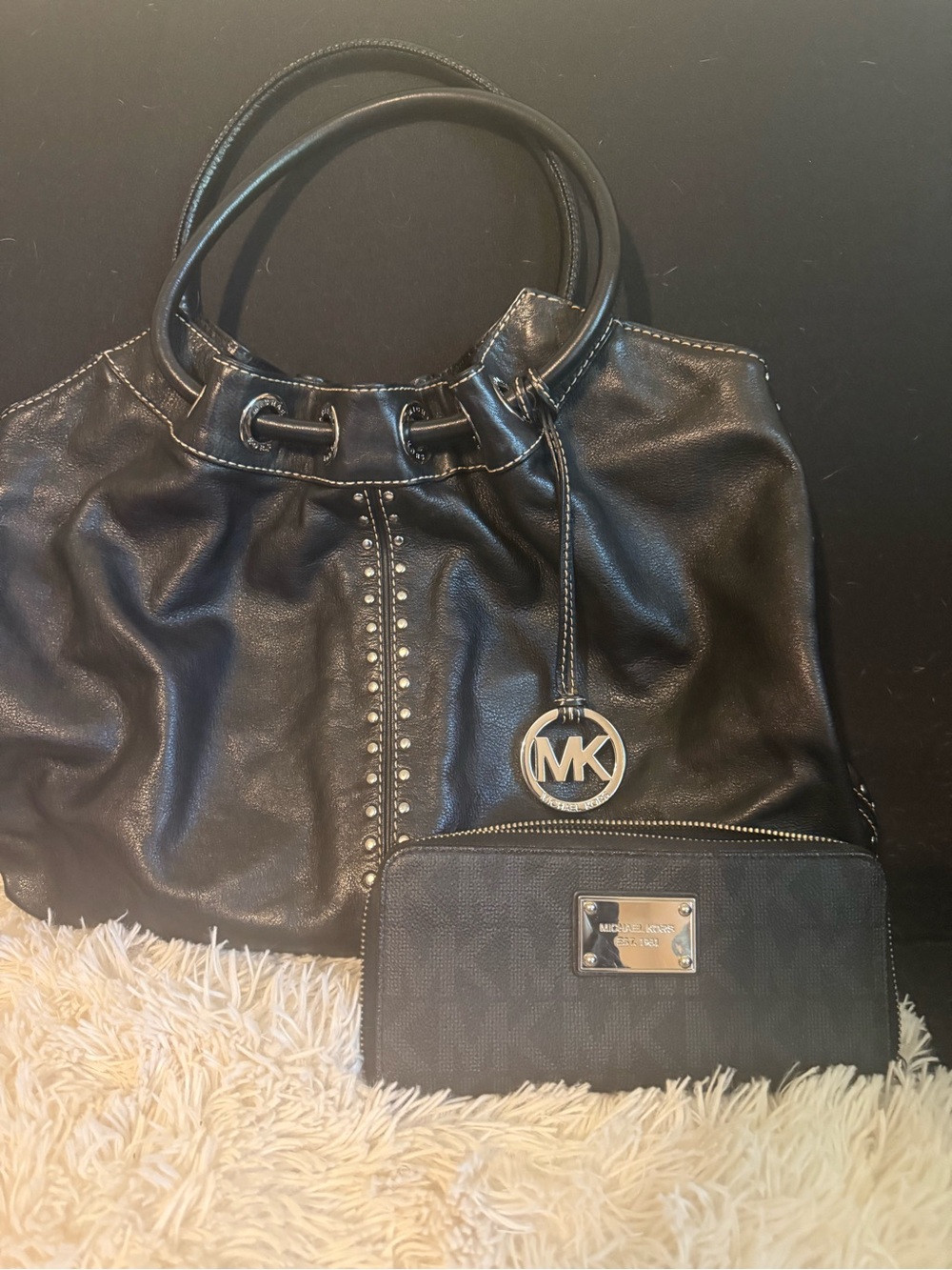 Michael Kors Black Leather Shoulder Tote with MK Charm and Stud Detail